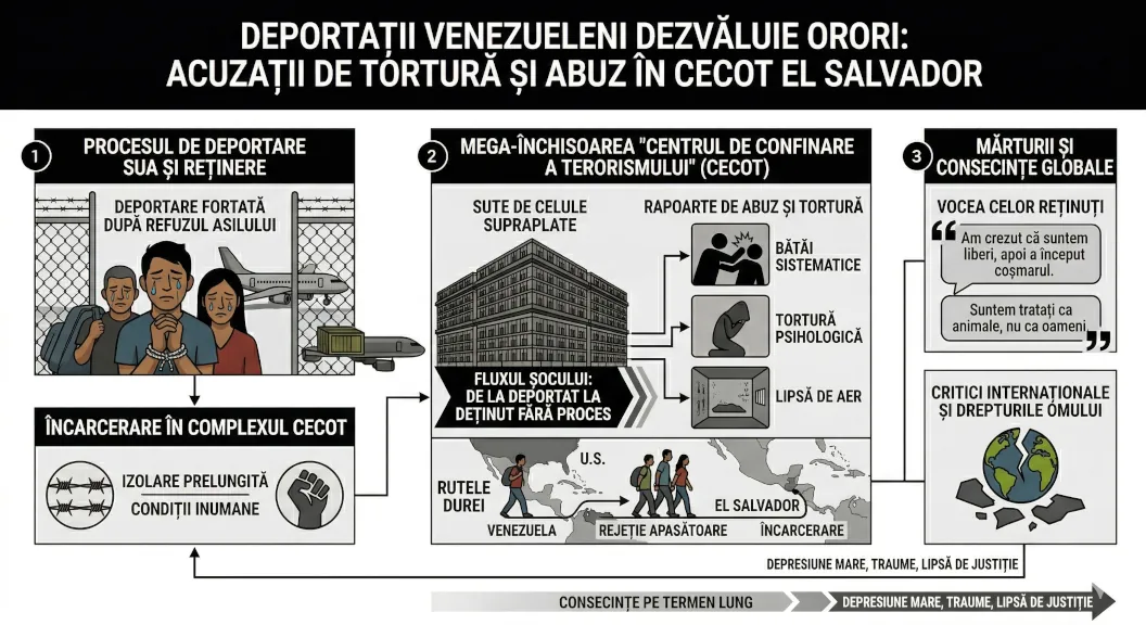 Venezuelni deportați de SUA dezvăluie orori înfiorătoare: Acuzații de tortură și abuz în mega-închisoarea din El Salvador